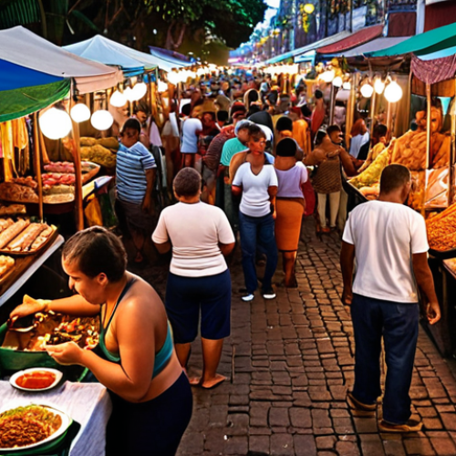 Home 19 **Image of a vibrant Brazilian night market scene.** Focus on the colors, smells, and diverse foods. Show a bustling atmosphere with local artisans selling their crafts alongside food vendors, with people socializing and enjoying the lively environment. Capture the essence of Brazilian culture and traditions.