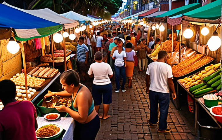 **Image of a vibrant Brazilian night market scene.** Focus on the colors, smells, and diverse foods. Show a bustling atmosphere with local artisans selling their crafts alongside food vendors, with people socializing and enjoying the lively environment. Capture the essence of Brazilian culture and traditions.