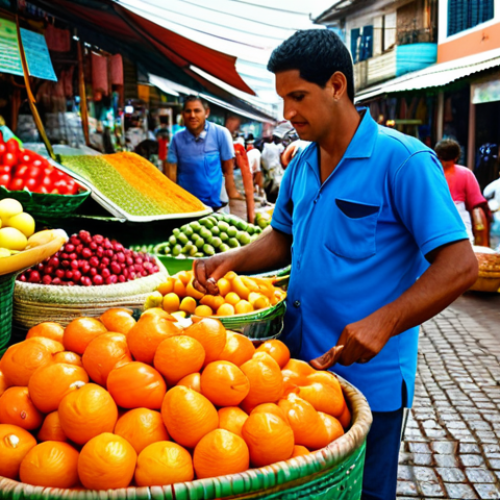 Home 8 **
A vibrant marketplace in Brazil, showcasing colorful displays of fresh fruits, vegetables, and spices. Fully clothed vendors in modest attire are interacting with customers. In the background, traditional Brazilian dishes are being prepared. Capture the lively atmosphere and rich culinary heritage. Safe for work, appropriate content, perfect anatomy, natural proportions, professional photography, high quality.
**