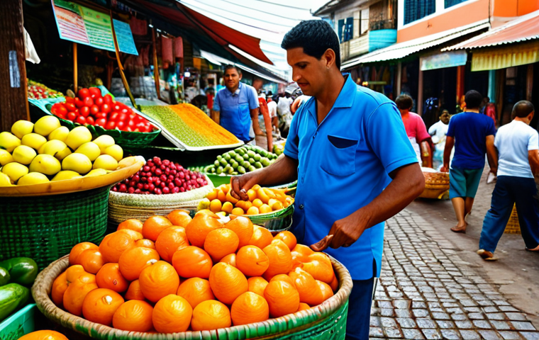 **
A vibrant marketplace in Brazil, showcasing colorful displays of fresh fruits, vegetables, and spices. Fully clothed vendors in modest attire are interacting with customers. In the background, traditional Brazilian dishes are being prepared. Capture the lively atmosphere and rich culinary heritage. Safe for work, appropriate content, perfect anatomy, natural proportions, professional photography, high quality.
**